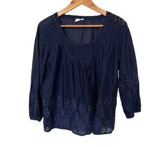GAP Navy Blue Embroidered Lace Neck 3/4 Sleeve Peasant Blouse Top Women's L